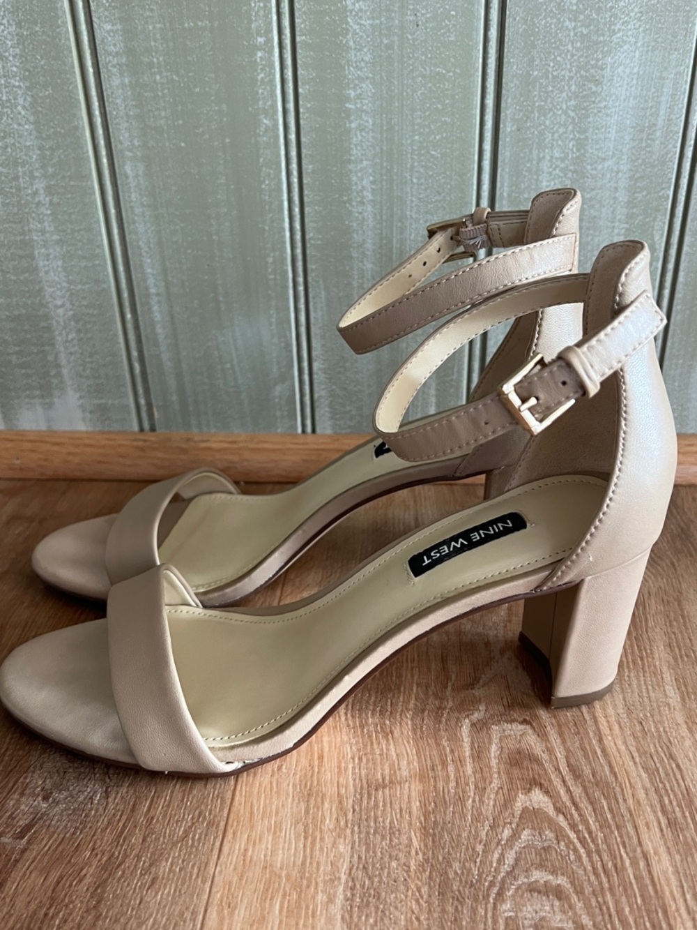 Nine West Nude Ankle Strap Block Heel Sandals
